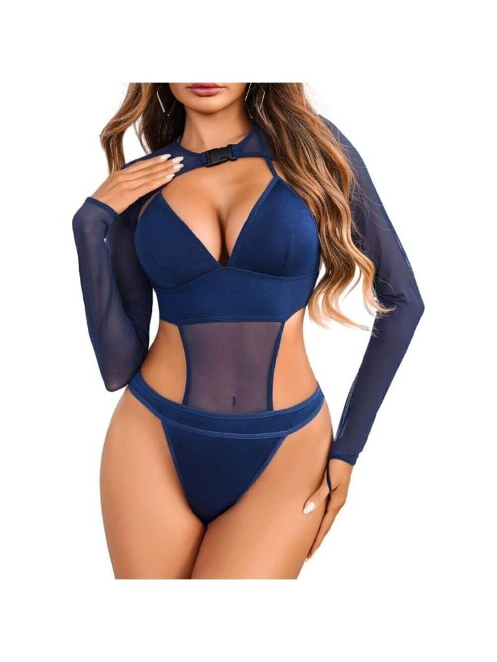 Women Navy Blue Festival Lingerie Bodysuit Buckle Shrug Crop Top Set Outfits
